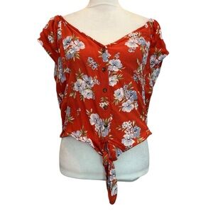 American Eagle Womens Top Size XL Orange Floral Crop Top Tie Front Button Up
